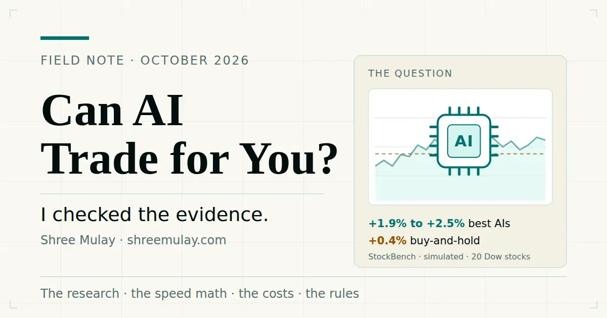Title card reading Can AI Trade for You? I checked the evidence, over a faint price chart with a small AI chip motif.