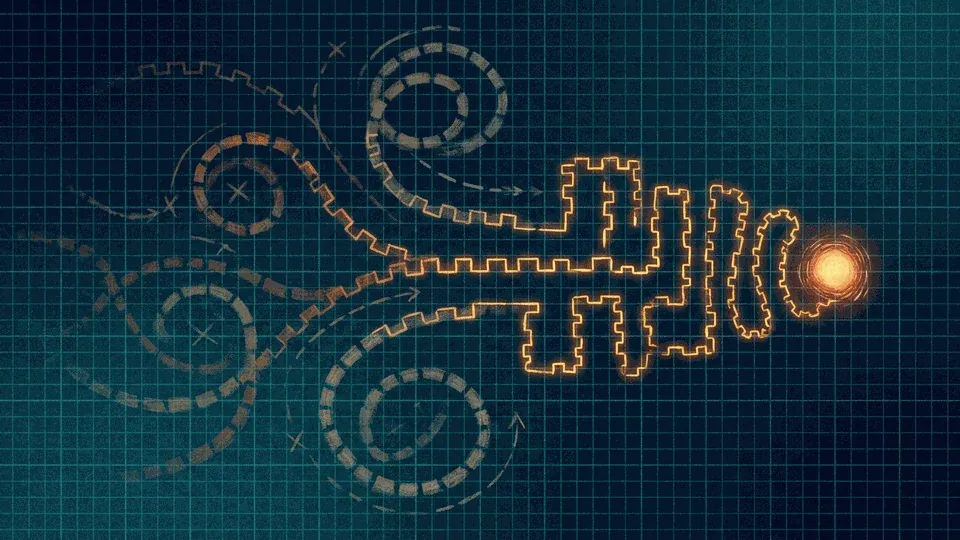 Abstract trail-map illustration of AI workflow steps