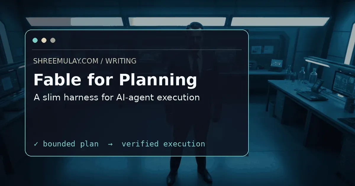 Notebook-console artwork showing Fable planning flowing into a slim AI-agent execution harness.