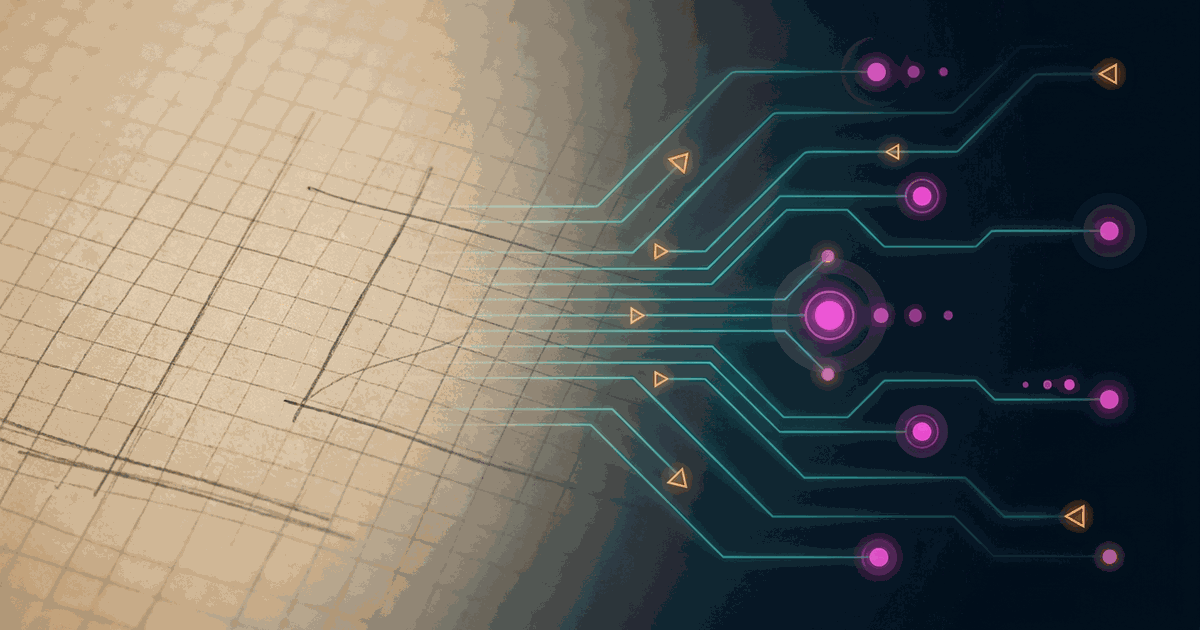 A split graphic showing a hand-drawn pencil sketch on graph paper transitioning into glowing digital circuit lines, representing manual planning becoming AI-driven workflow.