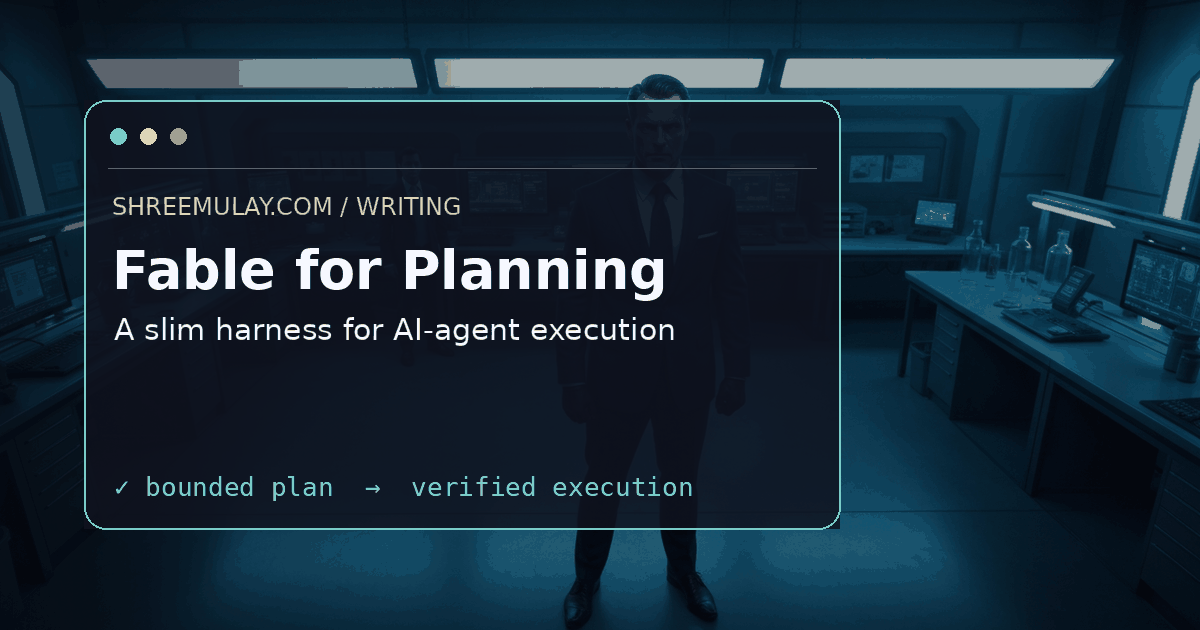 Notebook-console artwork showing Fable planning flowing into a slim AI-agent execution harness.